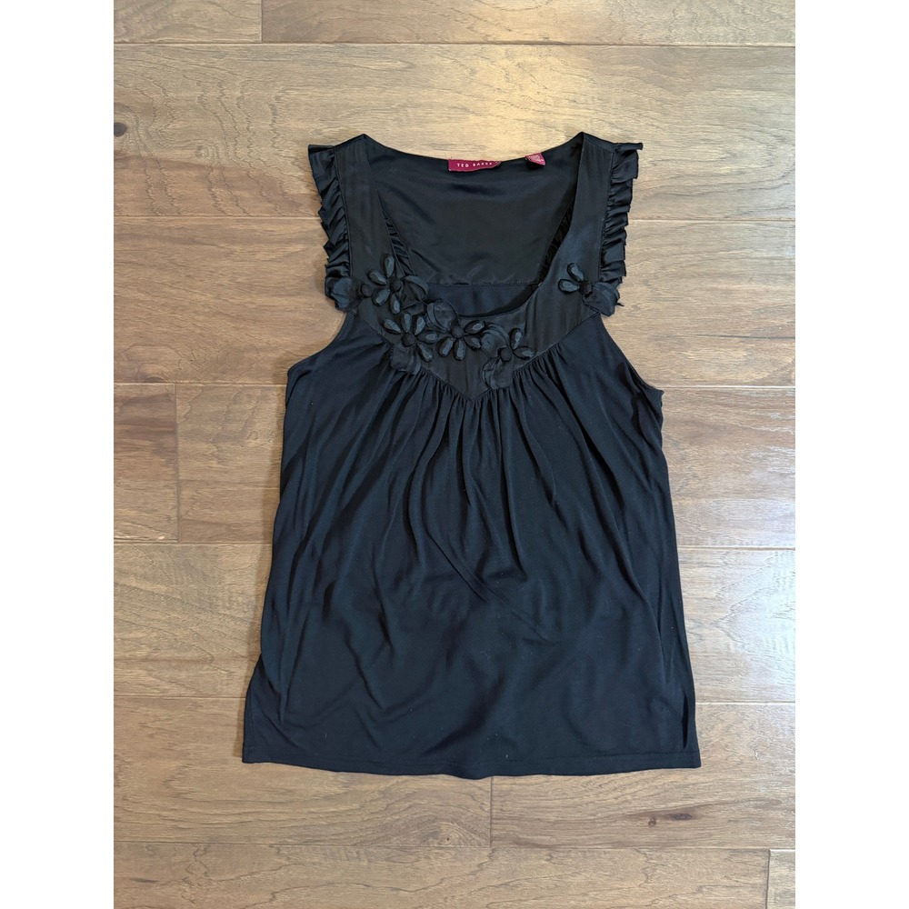 Ted Baker Black Silk Trim Floral Applique Ruffle Sleeveless Top Size US 6